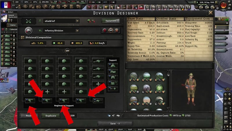 Division designer with the template named "shield inf": a 39-width infantry composition with tracked anti-tank icons in one column, hospital-truck-style support icons filled on the right, and Anti-Tank equipment cost of 124 in the stats panel. HP 605.5, Defense 969.4.