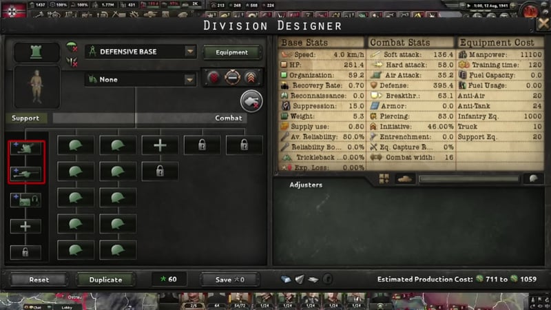 Hearts of Iron IV Division Designer screen showing the 'Defensive Base' infantry template with Anti-Air, Anti-Tank, and Signals support companies filled in; other slots are empty.