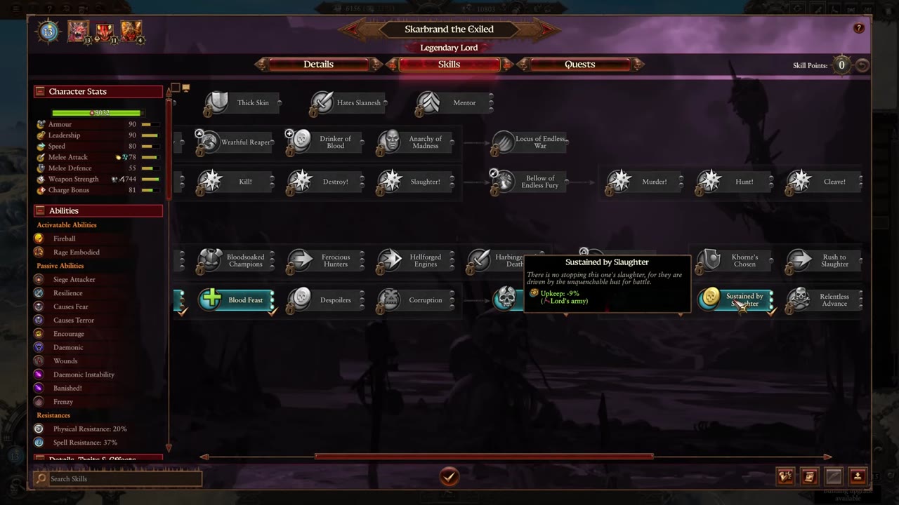 Skarbrand skill tree screen with multiple blue-line campaign skills visible, including 'Sustained by Slaughter' providing -9% upkeep for the lord's army.