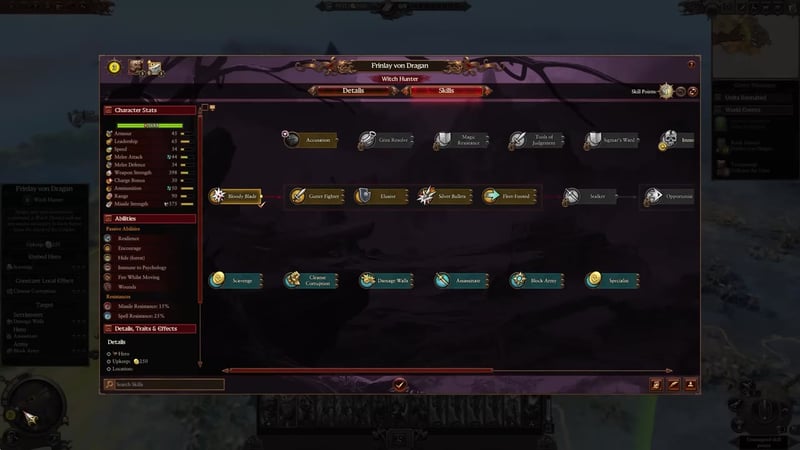 Character skills and stat panel for Finlay von Dragan (Witch Hunter), showing abilities such as Cleanse Corruption, Specialist, and Scavenge, with relevant stats and skill options displayed.