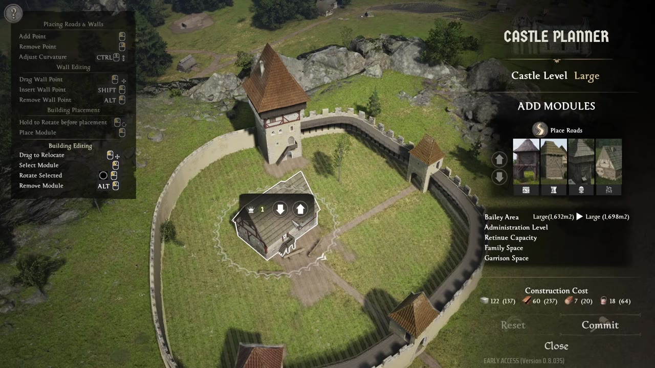 Castle planner view with a manor selected; a popup over the building shows level up and down arrows and the current level, while construction material costs are listed at the bottom right.