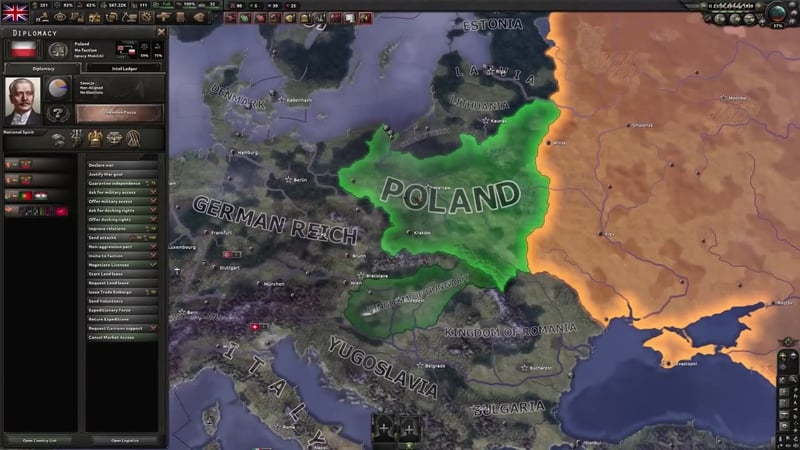 Hearts of Iron IV map view with Poland selected in the diplomacy panel. The game clock in the upper-right reads '25 October 1939', and the map shows Europe with Poland, Germany, Italy, and the Soviet Union.