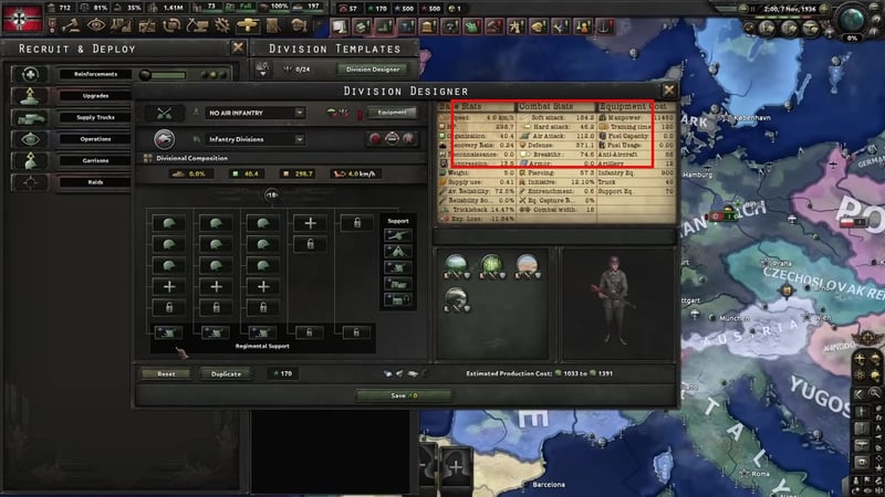 No Air Infantry division template with the Combat Stats panel showing Air Attack 112.0 and Defense 371.1.