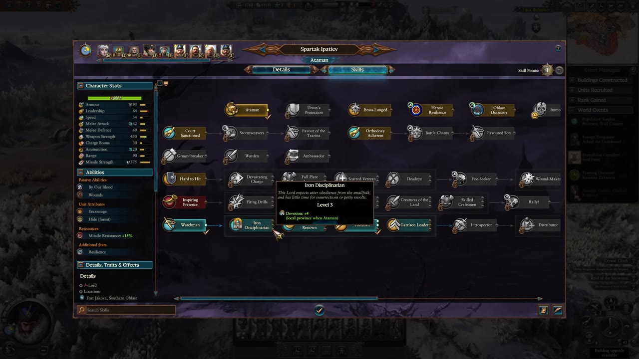 Ataman skills panel for Spartak Ipatitev showing skill tree, bonuses for devotion, garrisons, region-specific power, and alignment options with Ice Court or Orthodoxy.