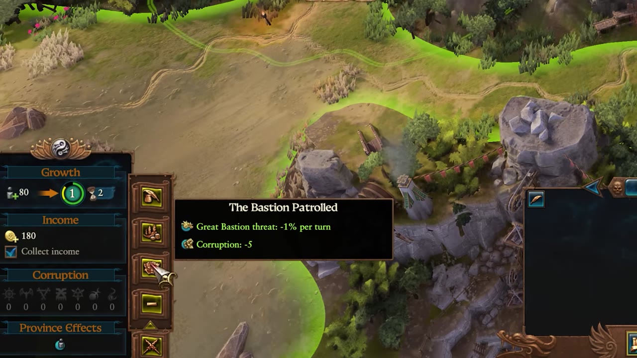 Bastion settlement screen from Total War: Warhammer III showing three available building slots, growth and income stats, province effects, and a tooltip for 'The Bastion Patrolled' reducing threat and corruption.