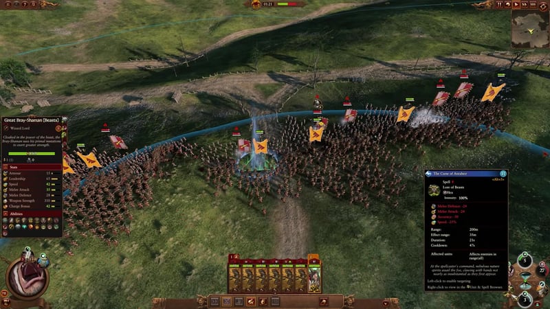 Battle screen with a Great Bray-Shaman (Beasts) selected. The tooltip for 'The Curse of Anraheir' spell from the Lore of Beasts is visible, showing its effects and stats.