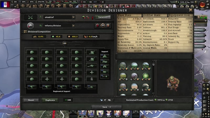 Division designer named "shield inf" with the Equipment Cost panel showing Anti-Aircraft 72 alongside a reduced Anti-Tank 52, versus anti-tank alone in the full build. HP 605.5, Soft attack 352.0.