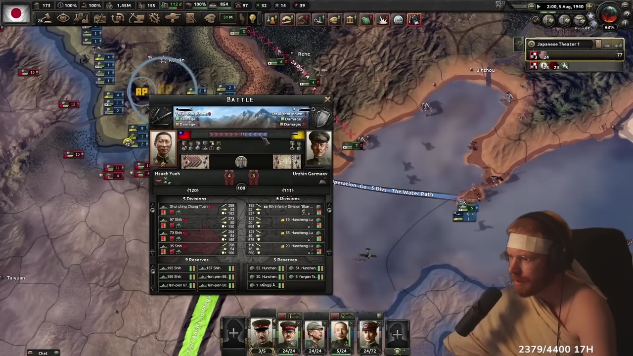 Hearts of Iron IV China front battle panel showing multiple Chinese infantry divisions, Japanese units, and air support damage indicated on the combat window, with frontline map and player webcam in the corner.