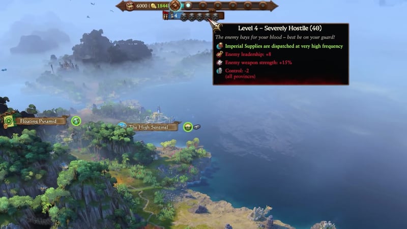 Campaign interface for Markus Wulfhart showing the Claim and Hostility meters at the top, with Hostility tooltip open describing level 4 Severely Hostile (40) effects.