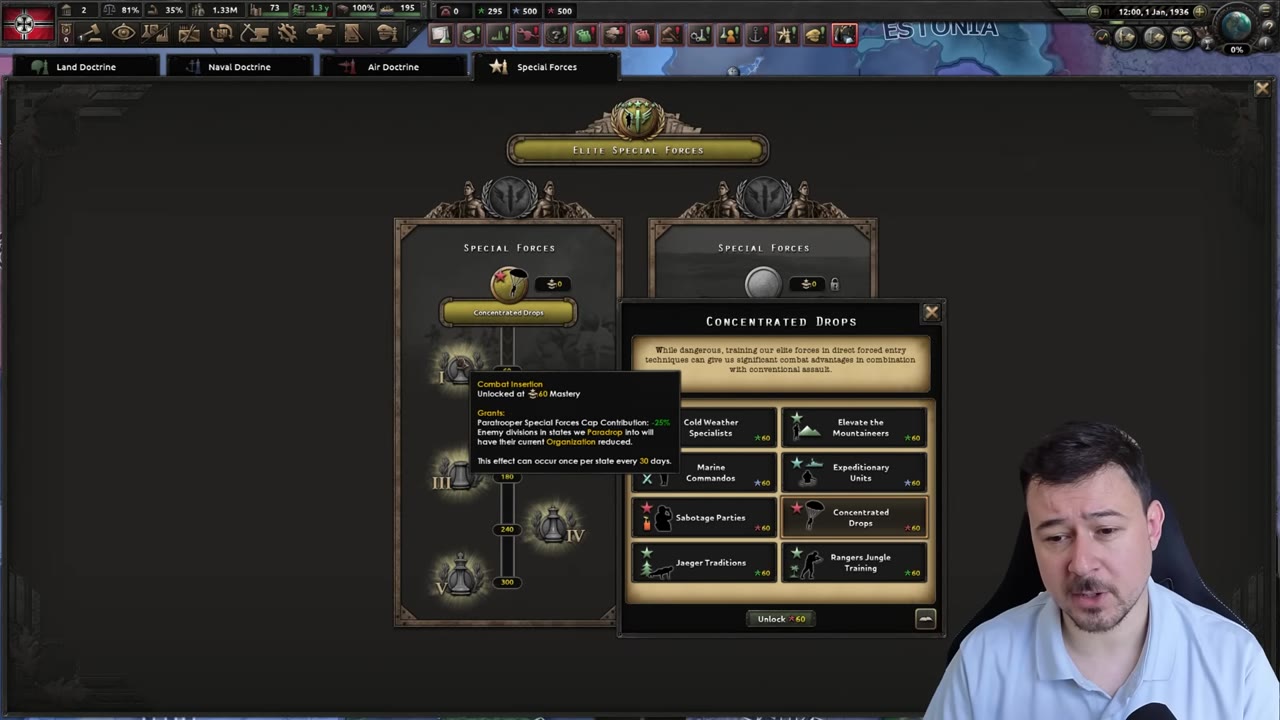 The Concentrated Drops perk tree with the first perk's tooltip open, 'Combat Insertion' unlocked at 60 Mastery: Paratrooper Special Forces Cap Contribution -25%, and enemy divisions in paradropped-into states have their current Organization reduced, once per state every 30 days