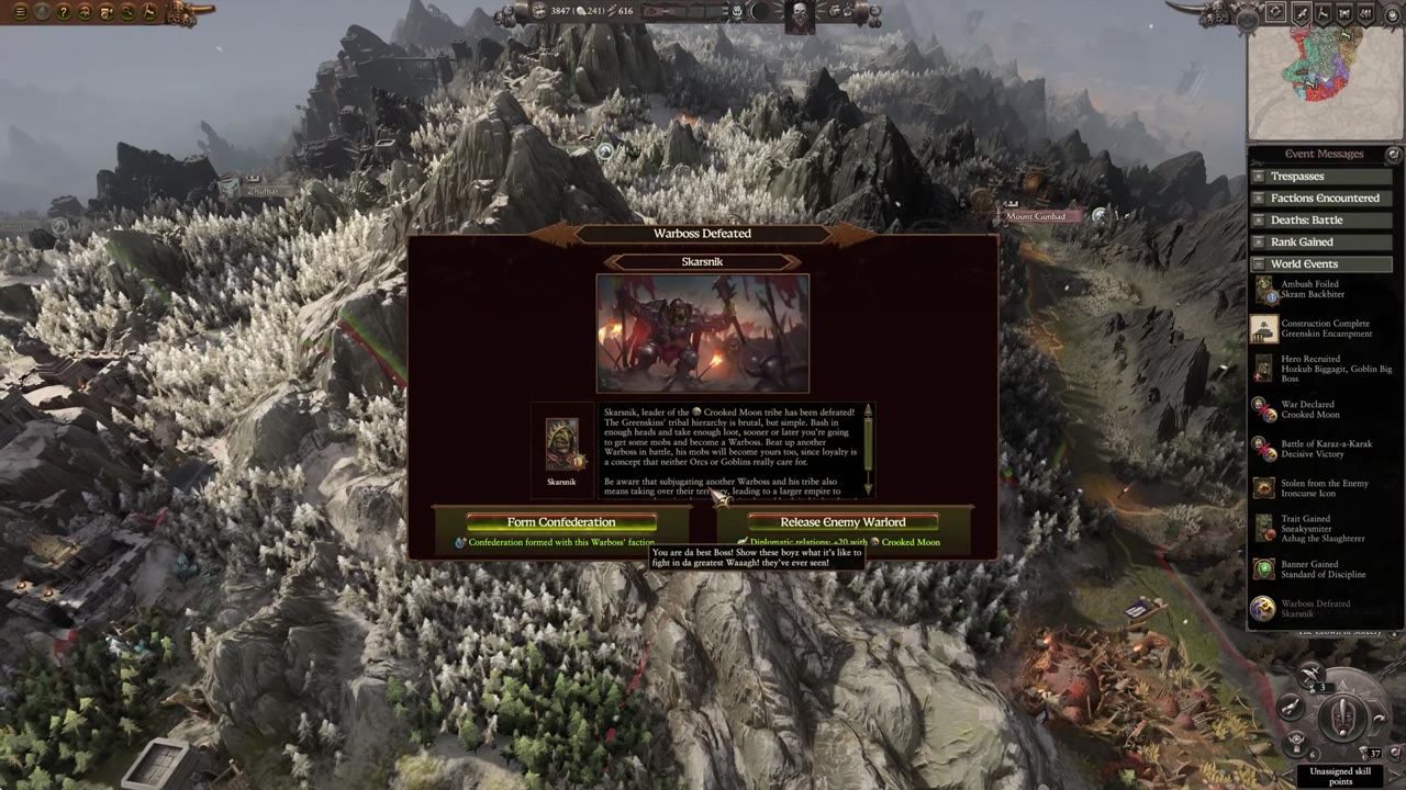 Battle victory screen showing the option to confederate a defeated Greenskin faction.