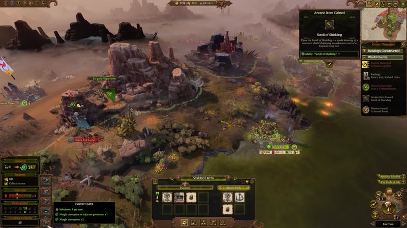 Campaign map view of Scalded Delta with visible province summary showing growth, income, control, corruption values, and Nurgle-related bonuses and effects.