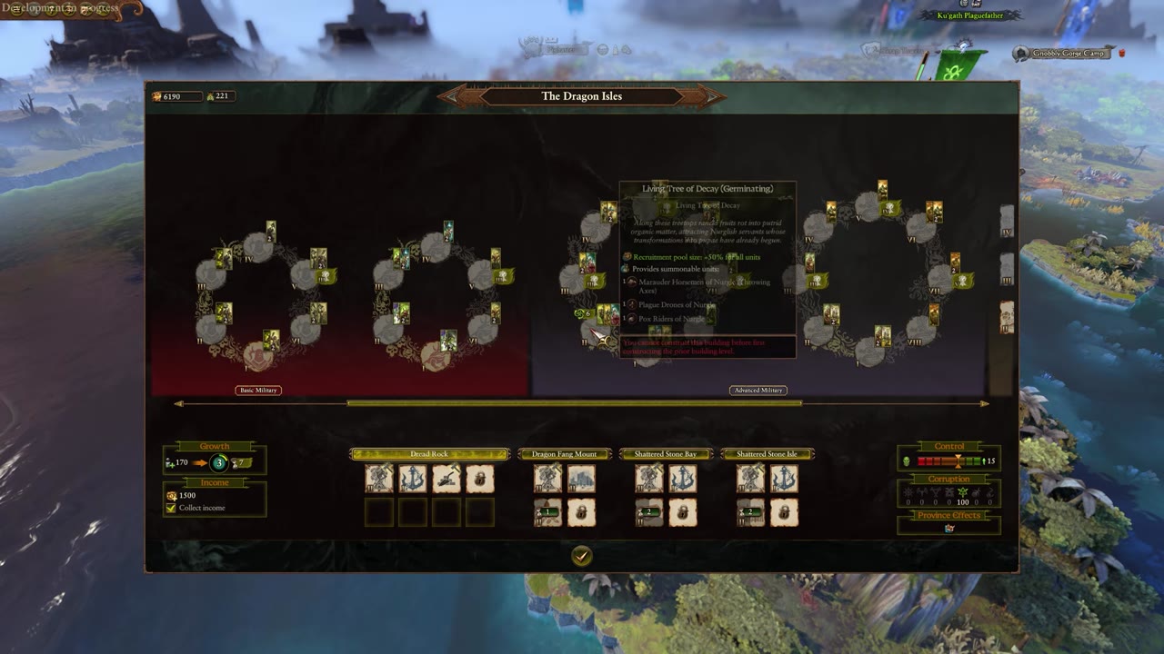 Cyclical military building interface for The Dragon Isles, displaying two cycles labeled 'Basic Military' and 'Advanced Military', with visible stage numbers, turn counters, unit recruitment pool size, and tooltips detailing building stages and requirements.