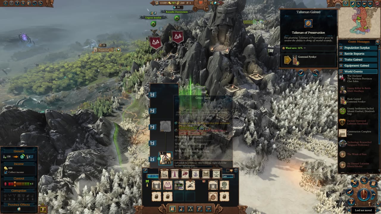 Deeps building menu in a major dwarf settlement, displaying branching construction options including the Great Gate and other unique buildings. The settlement interface shows available resources, icons, and informational tooltips.
