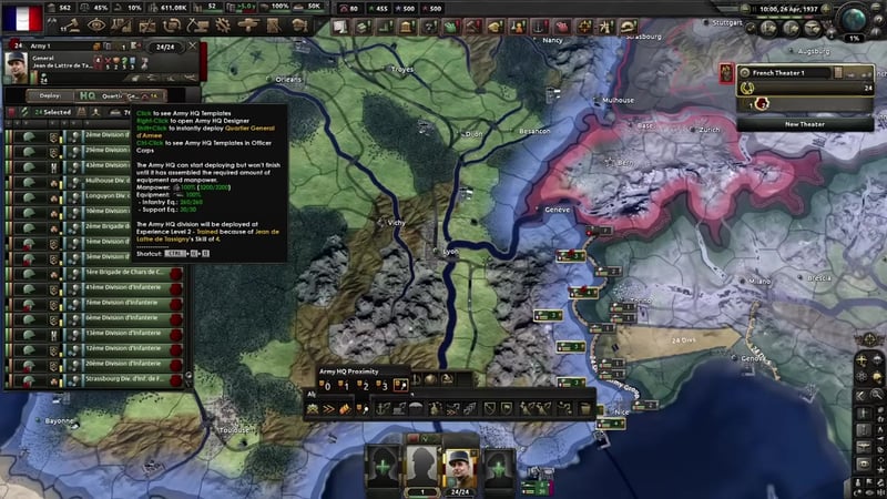Army 1 panel with General Jean de Lattre de Tassigny selected and a tooltip over the HQ button explaining how to deploy an Army HQ, listing 100% manpower and equipment ready.
