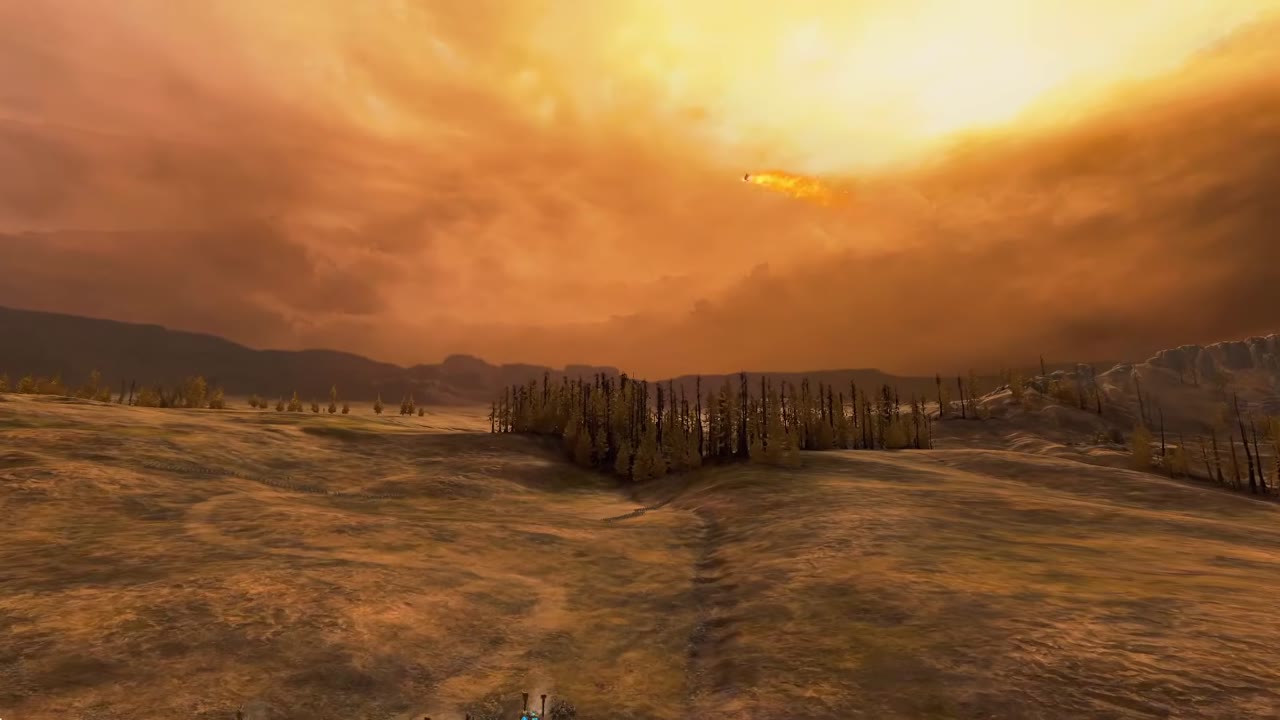 A flaming artillery shell flies through the orange sky toward an open battlefield with scattered trees, representing the Dreadquake Mortar attack.
