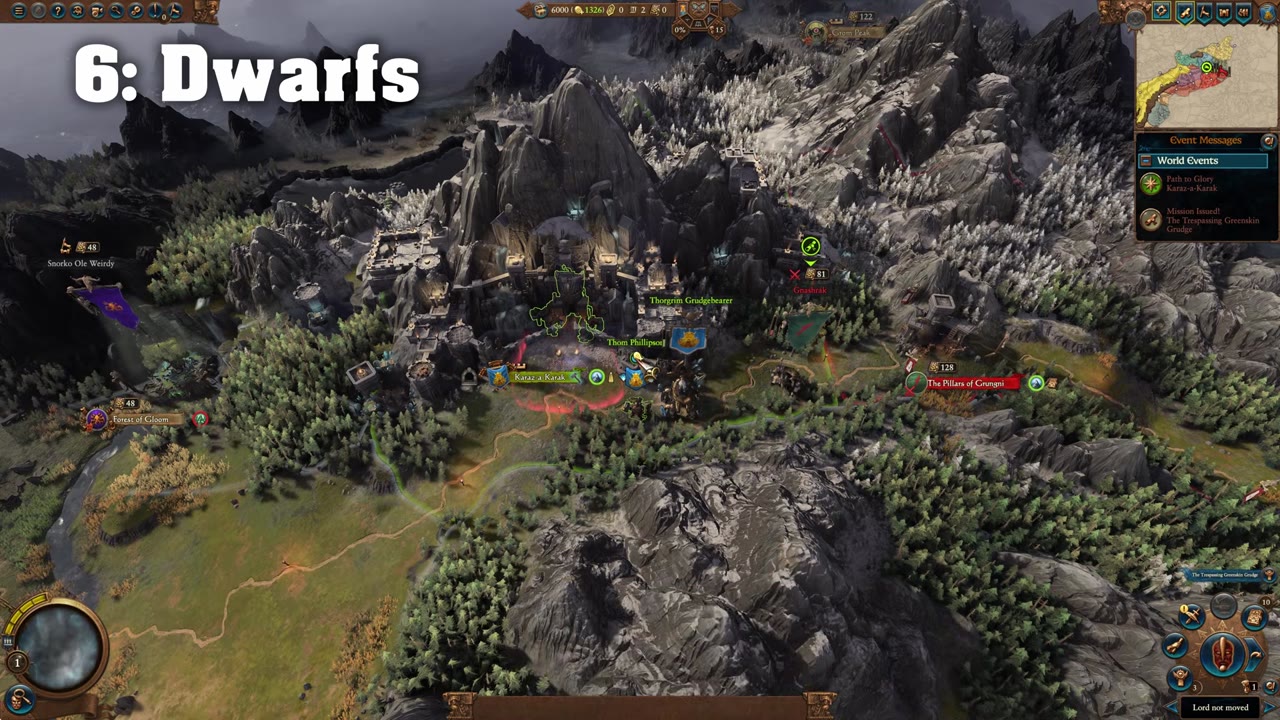 Dwarfs campaign map showing mountain settlements and trade routes, with the faction's economic strength on display.