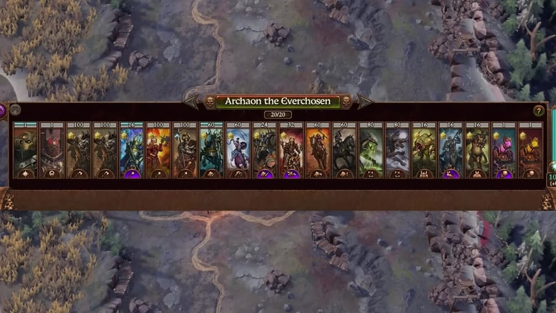 Enemy army roster screen for Archaon the Everchosen showing 20 units with their types and health values visible on a map background.