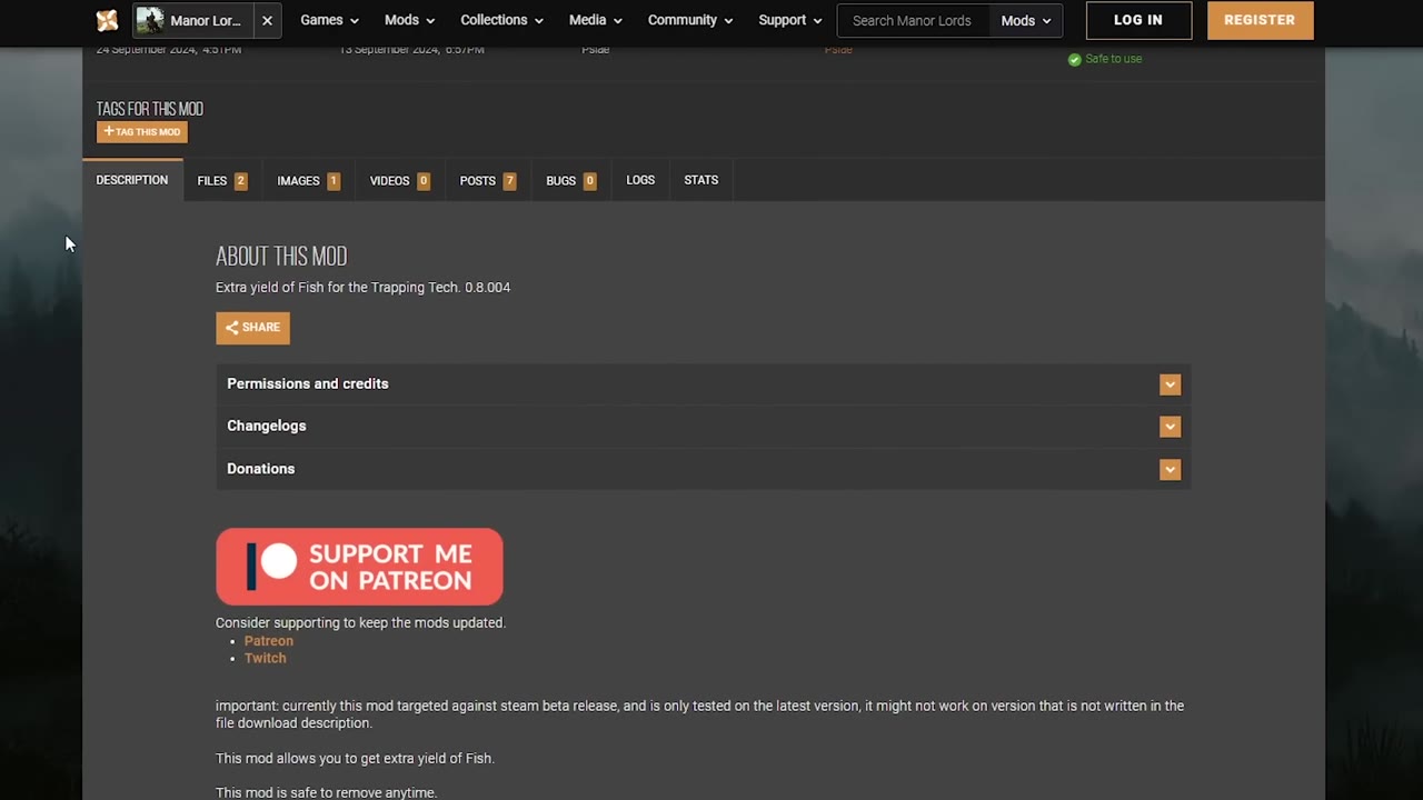 Mod page for Fish Trapping in Manor Lords, showing description 'Extra yield of Fish for the Trapping Tech. 0.8.004' and additional notes about mod functionality.
