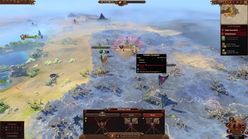 Foreign settlement view in Total War: Warhammer 3, showing Bhagar with a character nearby and a tooltip displaying Vampiric Corruption values and sources.