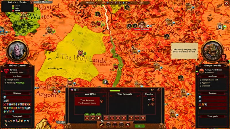 Trade deal screen with Vlad von Carstein offering the full province 'The Wolf Lands' to Grimgor Ironhide, showing settlement trade options, faction attributes, and detailed map view.