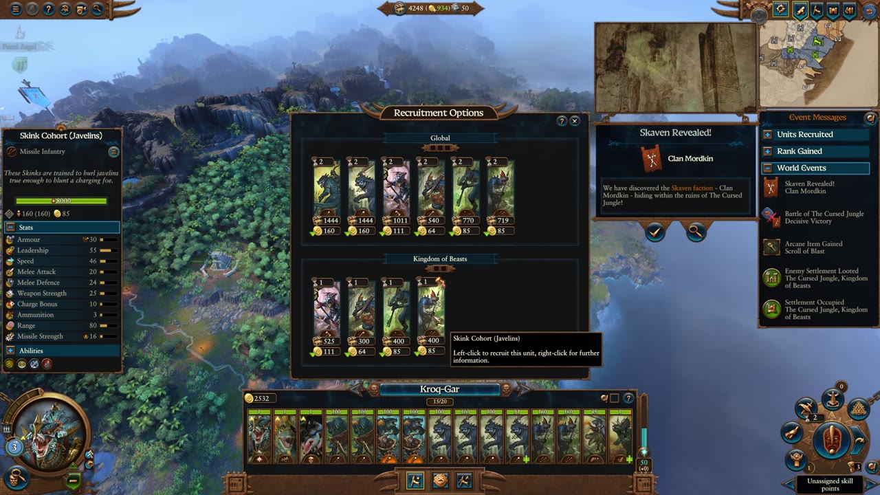 Recruitment options panel showing Skink Cohort (Javelins) with stats and cost, alongside other early Skink units such as Skink Cohorts (unshielded), Red-Crested Skinks, including visible costs and stats for each.