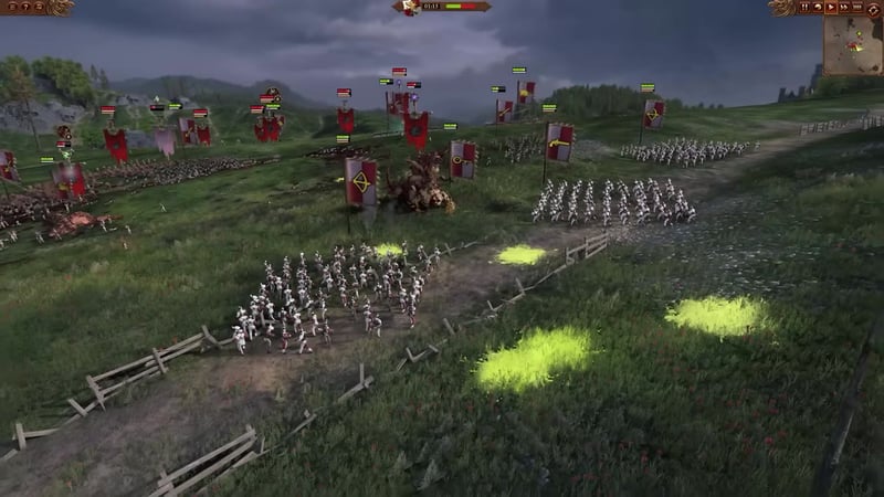 Battlefield scene with Skaven infantry and a monster unit advancing in formation, banners indicating unit types, and opposing forces arrayed ahead. Multiple Skaven units are present, with some taking damage.