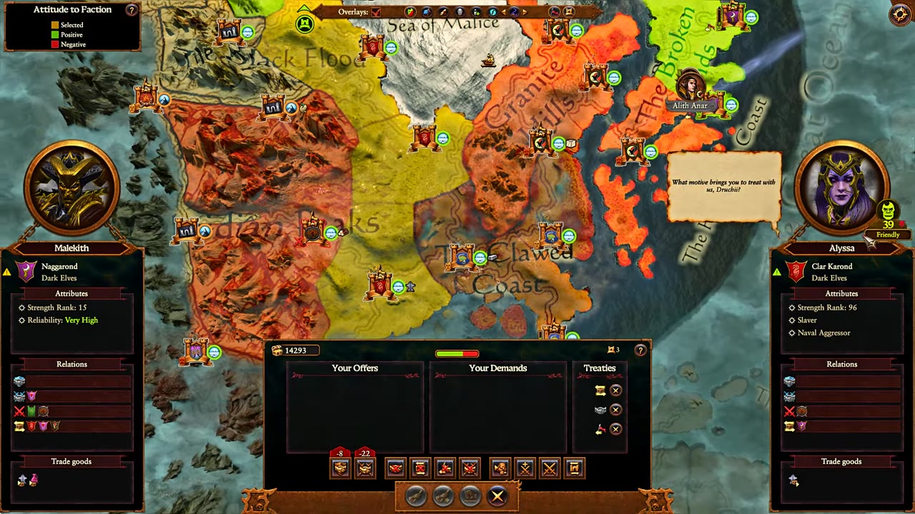 Campaign map with Clar Karond, a Dark Elf minor faction, holding a small area and showing a strength rank of 96, surrounded by larger factions.