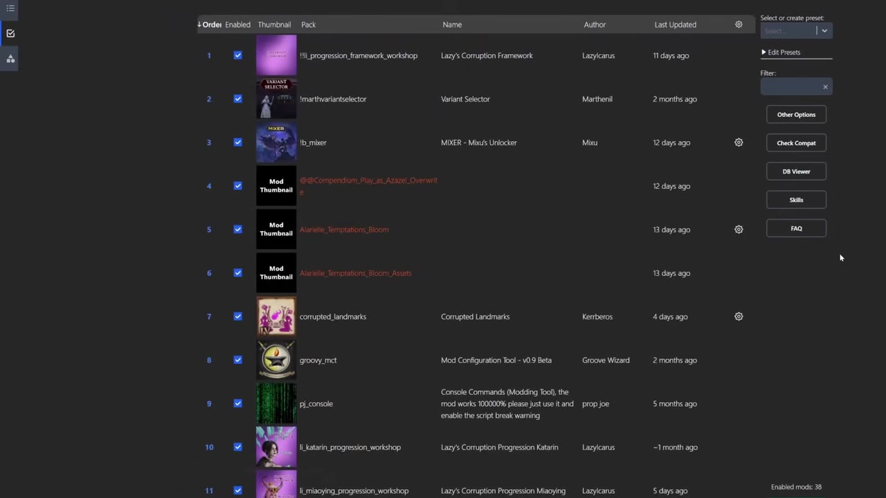 Warhammer 3 mod manager window open showing a list of installed mods with names such as 'Lazy's Corruption Framework,' 'Variant Selector,' 'MIXER - Mixu's Unlocker,' and 'Corrupted Landmarks.