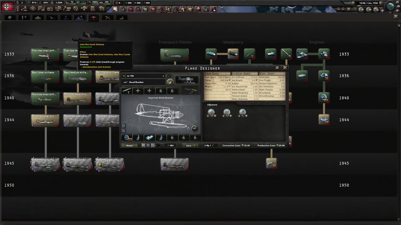 Plane Designer screen with Improved Naval Bomber selected, showing modules including torpedo, armor plates, and self-sealing fuel tank, as well as bomber stats.