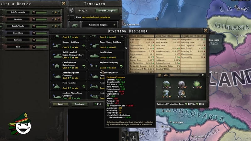 Division Designer interface with support company selection including Medium Flame Tank Company, stats panel showing 128.8 breakthrough and speed of 4.02 km/h for the selected division.