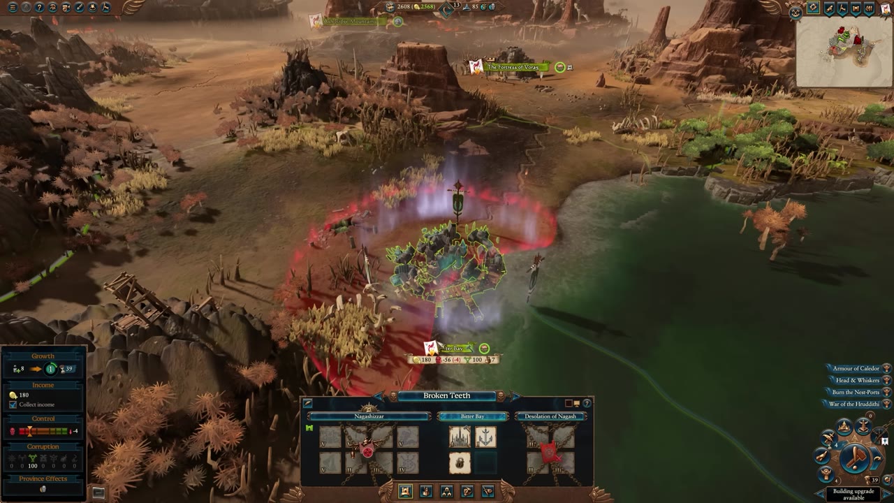 Strategic map showing 'Bitter Bay' as the only held settlement in the province 'Broken Teeth', surrounded by enemy settlements 'Nagashizzar' and 'Desolation of Nagash'. Province panel displays poor growth, low income, and negative control.