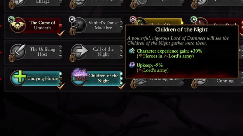 Vampire Counts lord skill tree with the 'Children of the Night' blue-line skill highlighted. Tooltip shows: Character experience gain +30% for heroes in lord's army, upkeep -9% for lord's army.