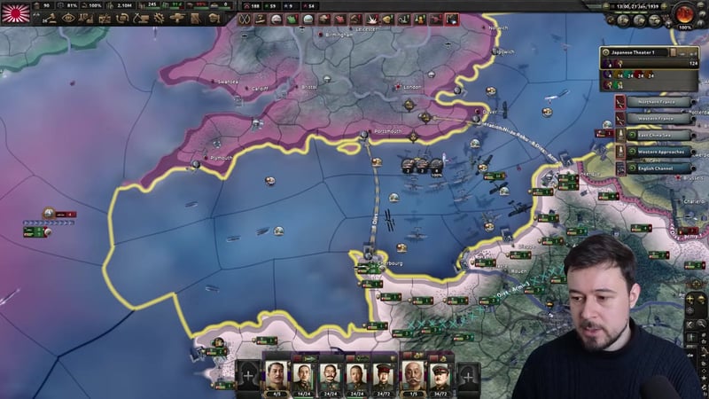 After the invasion triggers, naval and air support orders are active for safe crossing and landing.