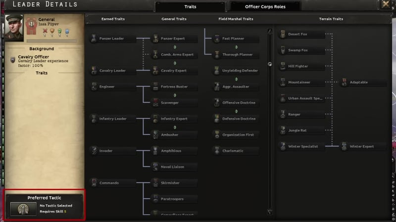 Hearts of Iron IV general traits and officer corps roles screen, with 'Preferred Tactic' panel showing 'No Tactic Selected' and multiple trait trees for general and field marshal roles.