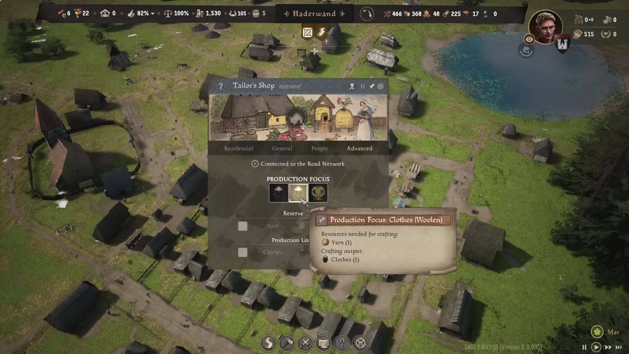Tailor shop advanced production panel with Production Focus set to clothes (woolen), showing that 1 yarn creates 1 clothes, with reserve and production limit options visible.