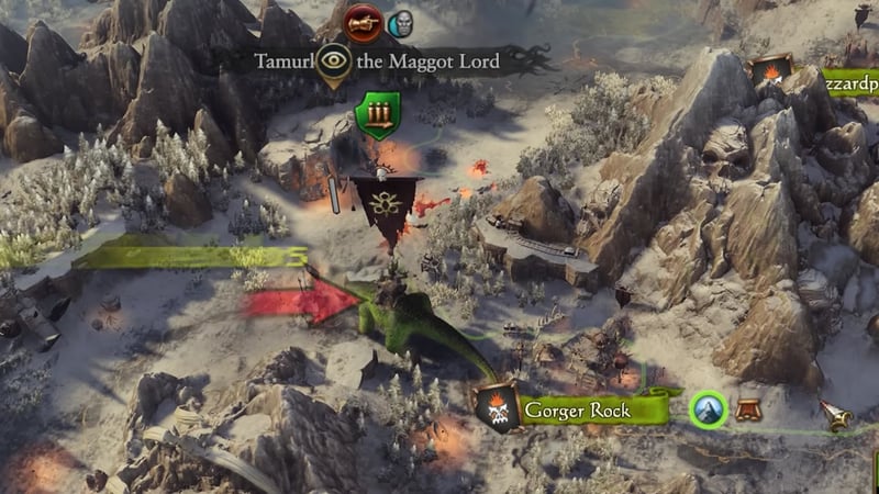 Campaign map view showing Tamurkan the Maggot Lord mounted on a large creature at Gorger Rock, with Tamurkan's banner and icons visible above him.