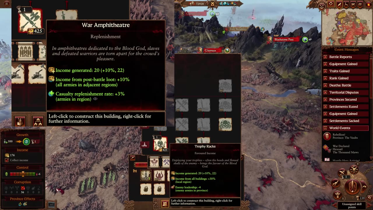 Settlement panel for Gisoreux at tier 5, showing War Amphitheatre and Trophy Racks building tooltips with their effects, income, growth, and control stats visible.