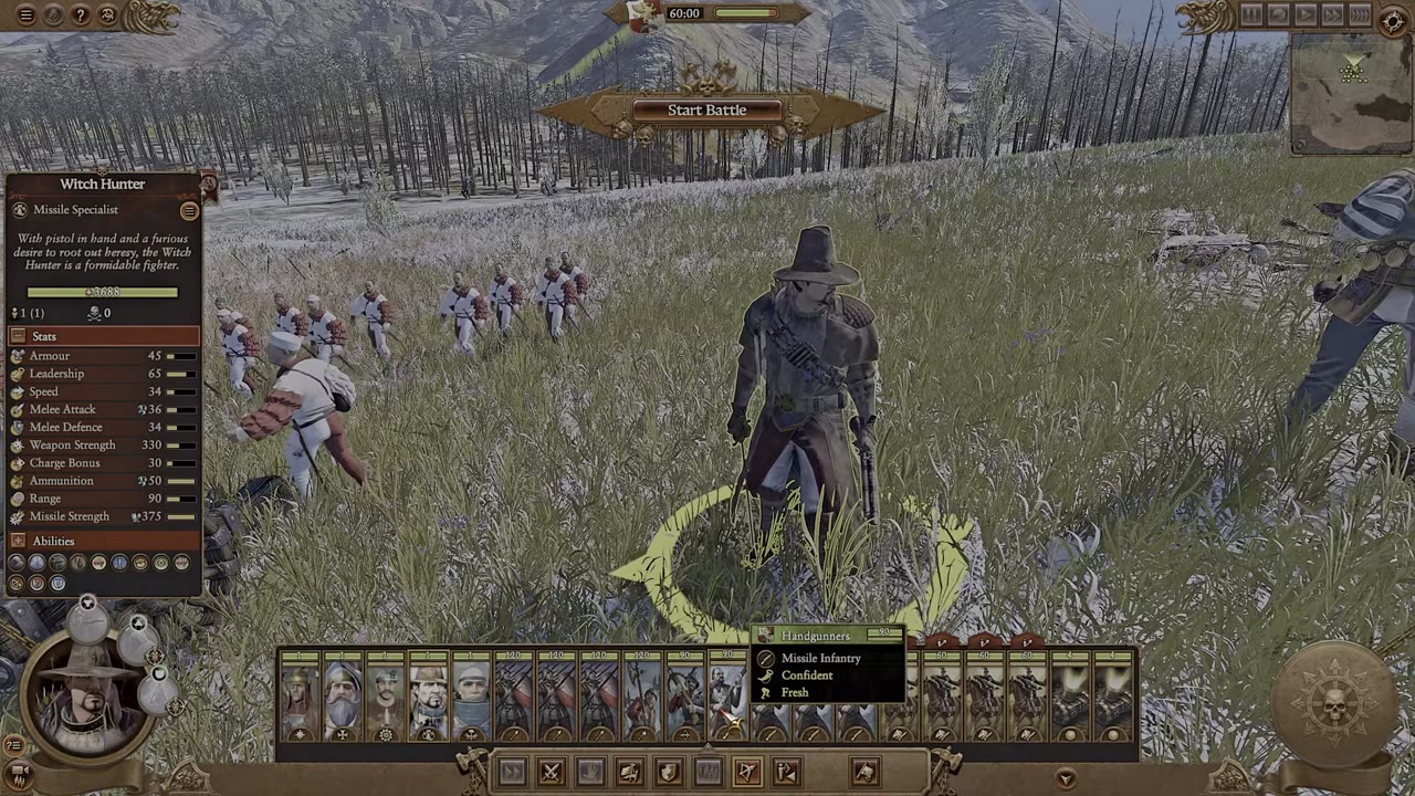 Empire army roster with units visible including handgunners, witch hunter, outriders, mortars, and crossbowmen, plus detailed stats for the witch hunter.
