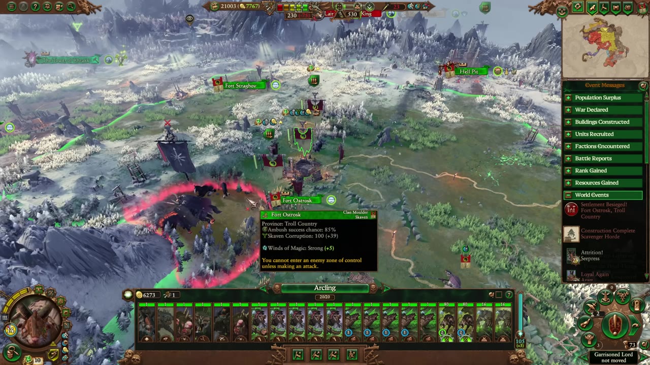 Campaign map view with the army selected near Fort Ostros, showing a tooltip for the tile with ambush success chance at 85%, Skaven corruption 100 (+39), and Winds of Magic: Strong (+5).