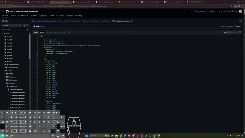 A GitHub page displaying DT_Translation_Items.json with a list of item IDs, showing 'itm_016': 'Timber' indicating timber has item ID 16.