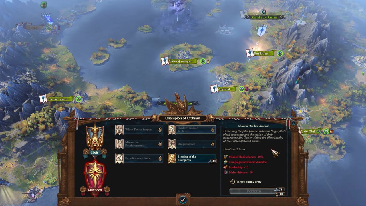 Champion of Ulthuan action menu for Tyrion visible at the bottom center, listing White Tower Support, Mistwalker Reinforcements, Expeditionary Force, Shadow Walker Ambush, Dragonscorch, Blessing of the Everqueen, and Alliance options with readable influence costs and effect details.