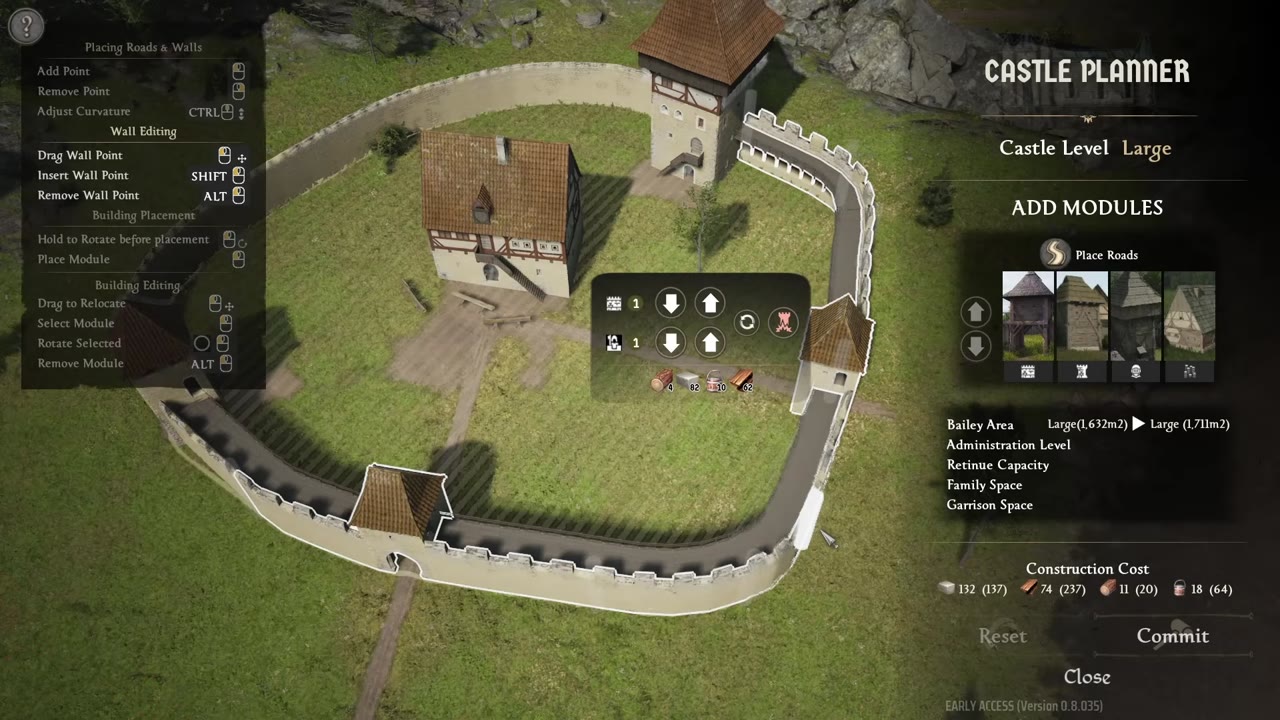 Castle planner interface with a selected wall section displaying draggable pins along the wall for adjusting connection angles; wall editing instructions are visible on the left panel.