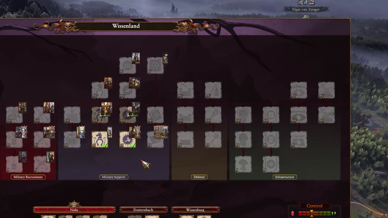 Settlement building screen for Wissenland showing building slots, with Defence tab open and defensive building options for walls and garrisons visible.