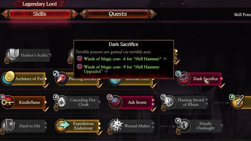 Astrogoth's skill tree with Dark Sacrifice tooltip displayed, showing Winds of Magic cost reduction for Hell Hammer; spell icons for Kindleflame, Cascading Fire-Cloak, Ash Storm, Flaming Sword of Rhuin, and others are visible.
