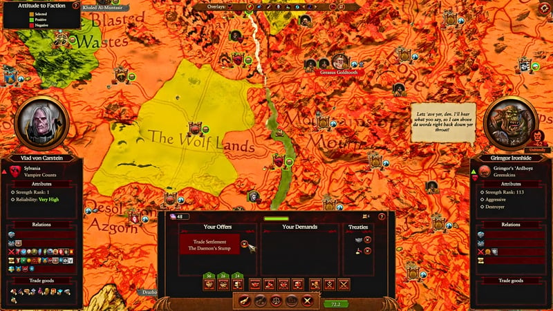 Campaign map diplomacy screen with Vlad von Carstein trading the Daemon's Stump settlement to Grimgor's Ardboyz; Grimgor shown with low relations and economic trade details visible; map shows reduced territory and faction positions.
