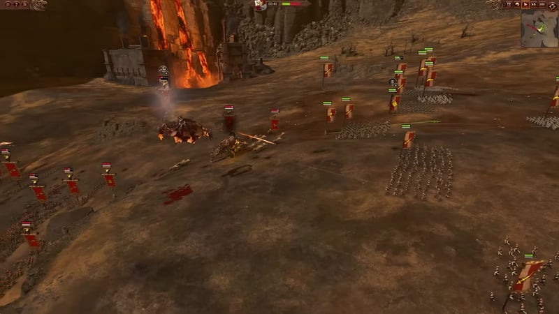 Battle screen with two armies facing each other: lines of infantry, artillery behind, monstrous units center, and units with visible health bars; Chaos Dwarf forces on the left, opposing army on the right.