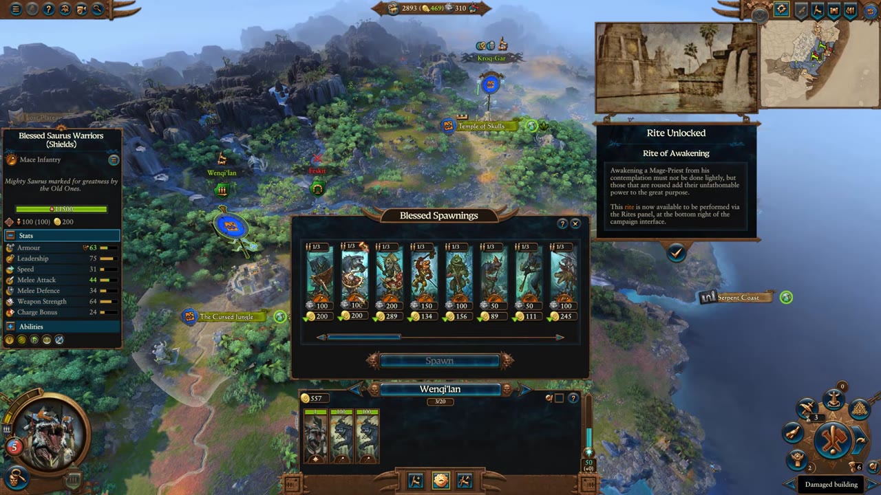Game interface showing the Blessed Spawnings roster with unit cards for upgraded Saurus Warriors (Shields), Kroxigors, and other units. Stats for Blessed Saurus Warriors are fully visible, including 63 Armour, 75 Leadership, 52 Speed, 34 Melee Attack, 36 Melee Defence, 111 Weapon Strength, and 20 Charge Bonus. Sequence and gold costs for each unit are shown beneath their cards.