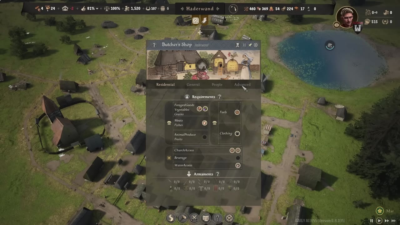 Butcher's Shop interface with the 'Advanced' tab open, showing requirements and production options for meats, animal produce, and hides.
