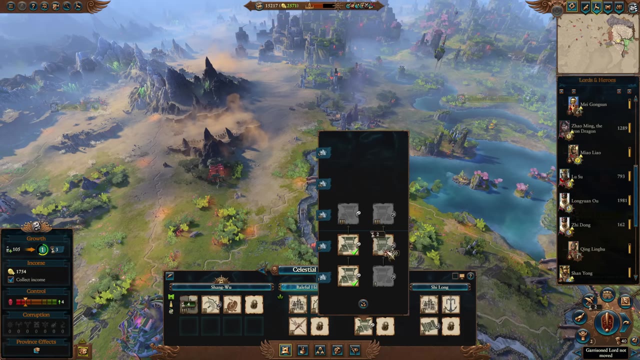 Total War: Warhammer 3 Cathay campaign map with visible settlement nodes, Cathay territory, Zhao Ming listed among lords, and nearby landscape including potential enemy areas.